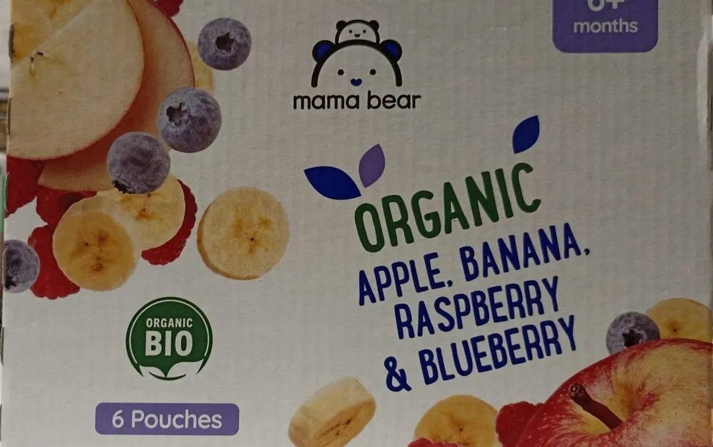 Organic apple banana raspeberry and blueberry