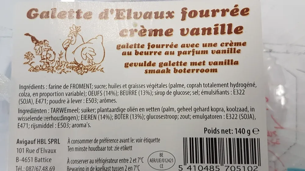 Galette d'elvaux fourrée crème vanille