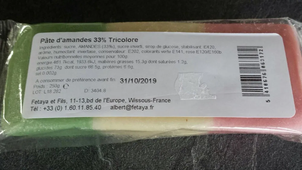 Pâte d'amandes 33% Tricolore
