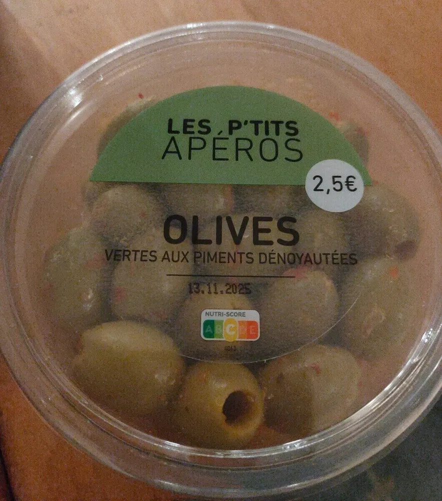 Olives vertes dénoyautées aux piments rouges