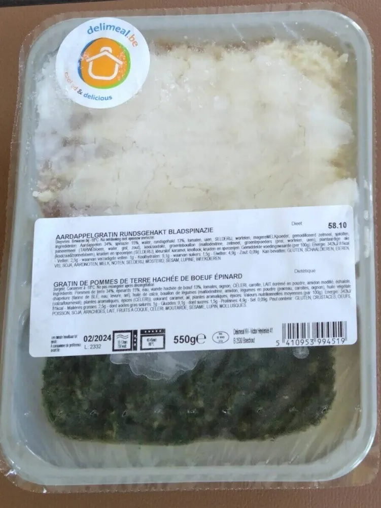 Gratin de pommes de terre, haché de boeuf, épinard