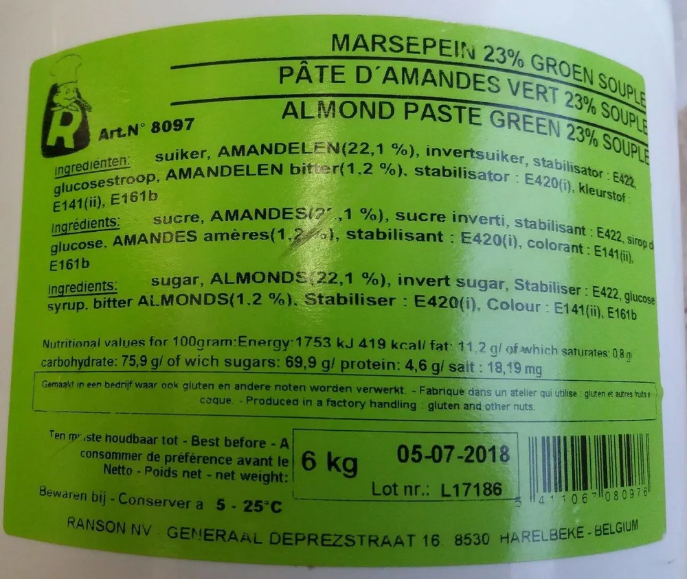 Pâte D'amandes vert 23% souple