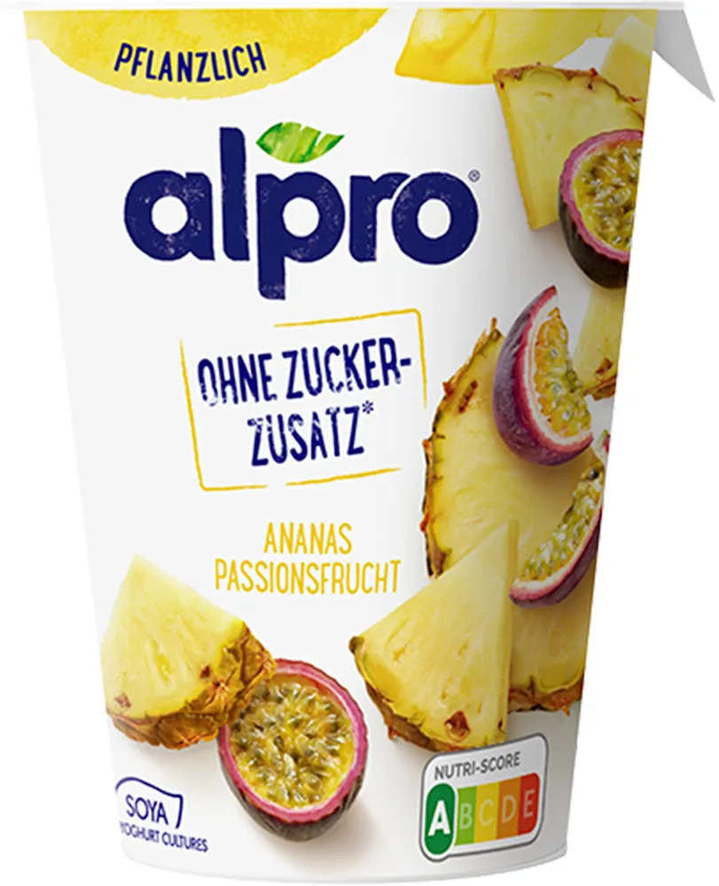 Alpro Soja-Joghurtalternative Ananas Passionsfrucht ohne Zuckerzusatz, 400g, gekühlt, vegan