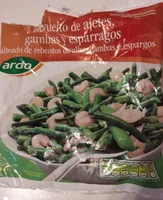 Revuelto de ajetes, gambas y espárragos