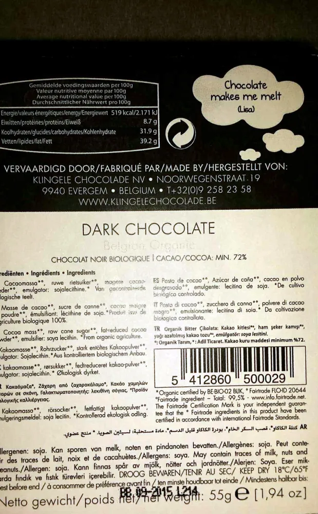 Chocolat Noir Biologique 72%
