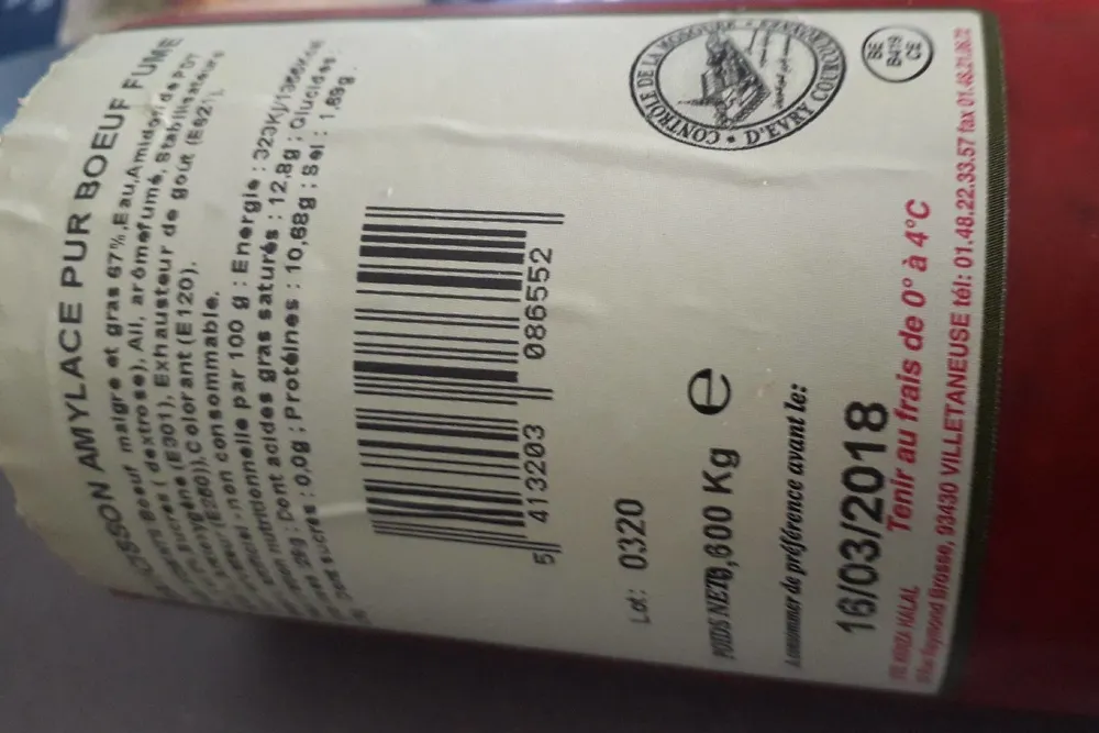 Saucisson amylace pur boeuf fume