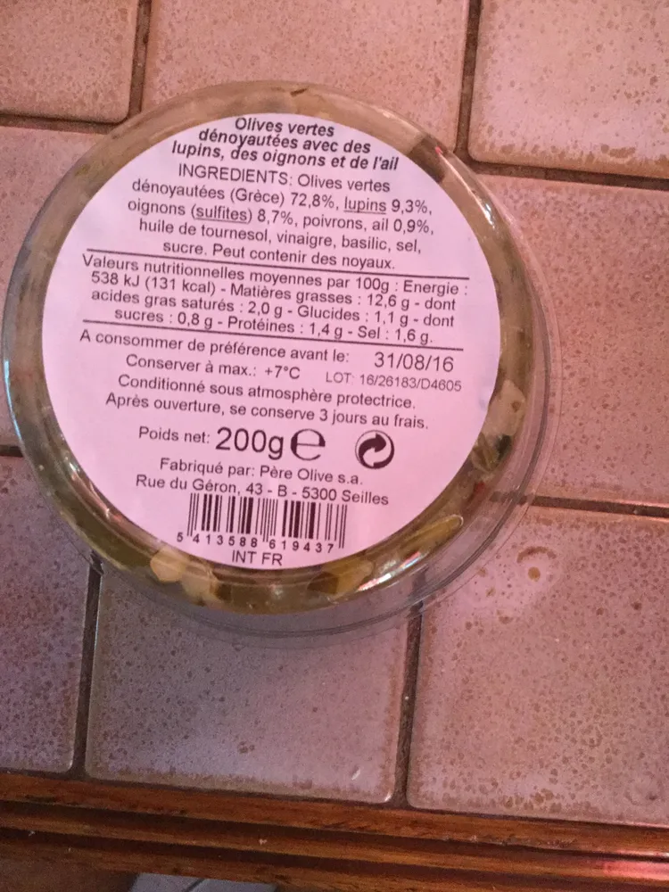 Olives vertes dénoyautées aux dés de lupins