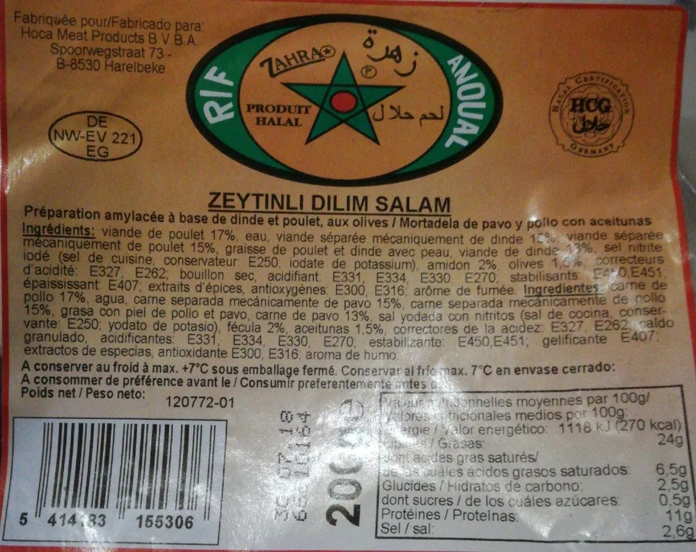 Mortadelle halal zeytinli dilim salam