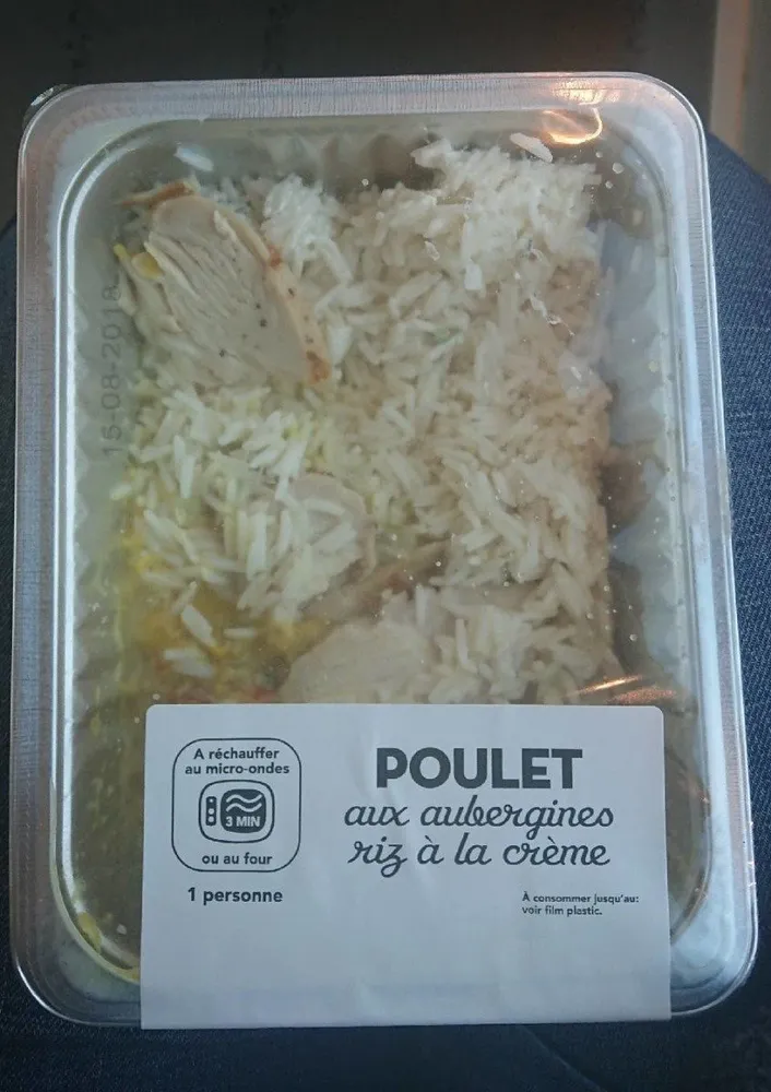 Poulet aubergines, riz à la crème