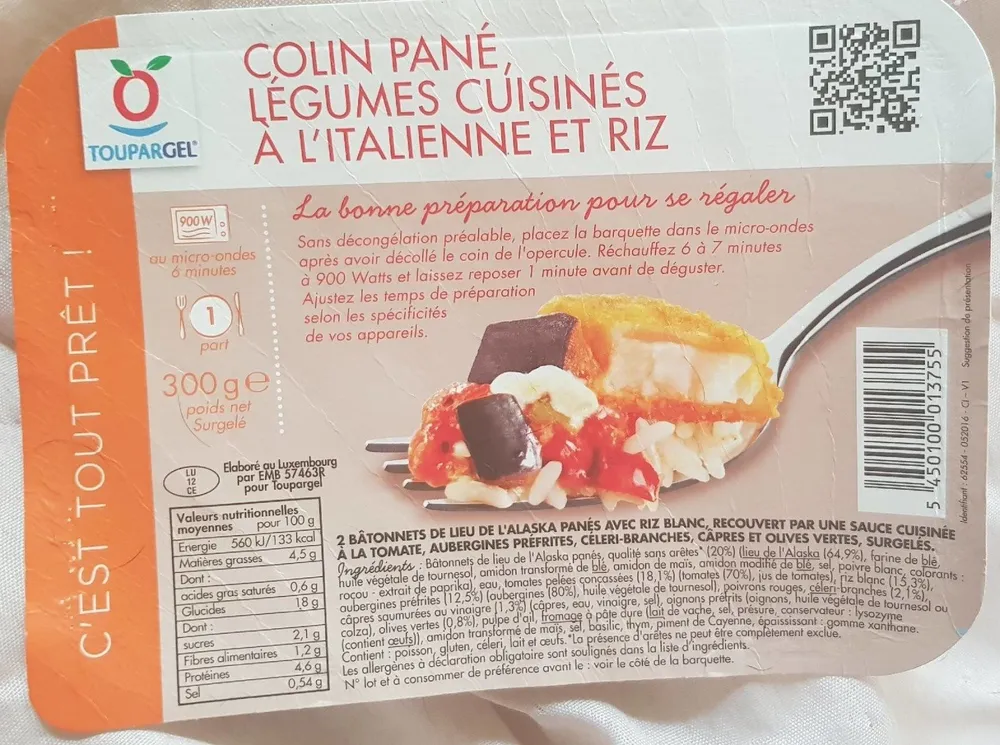 Colin pané, légumes cuisinés à l'italienne et riz