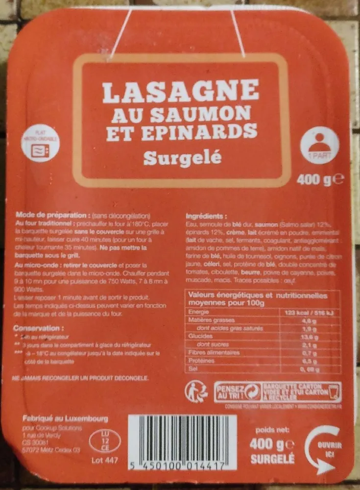 Lasagnes au saumon et épinards surgelés
