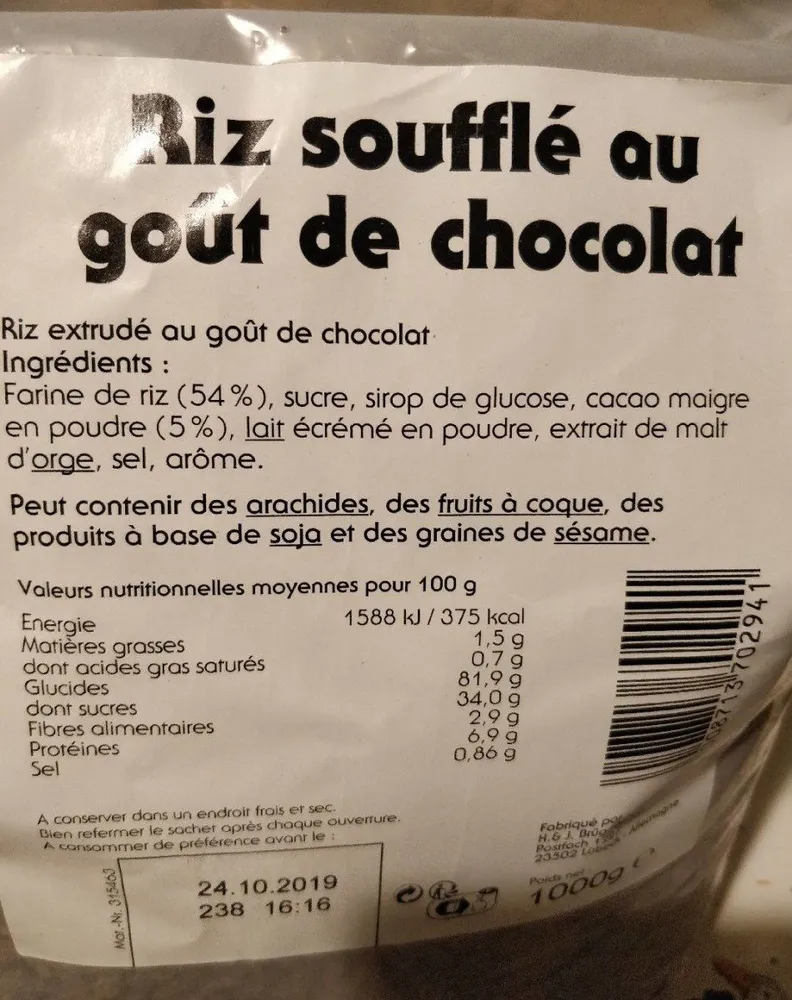 Riz soufflé au goût de chocolat