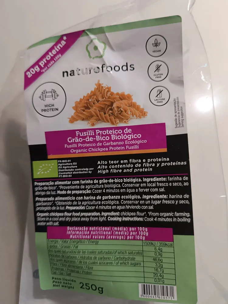 Fusilli Proteico de Grão-de-Bico Biológico