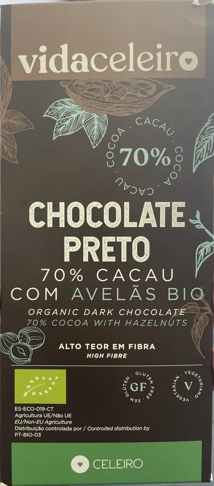 Chocolate Preto 70% Cacau com Avelãs Bio