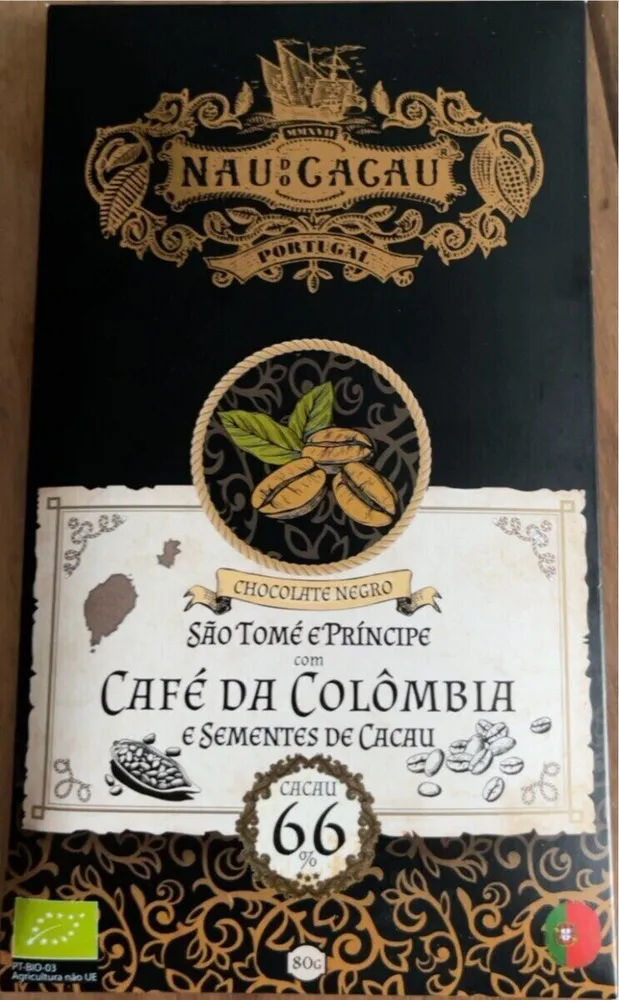 Chocolate Negro São Tomé e Principe com Café da Colômbia e Sementes de Cacau