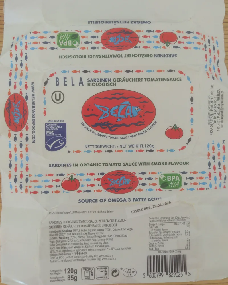 Sardines in organic tomato sauce with smoke flavour