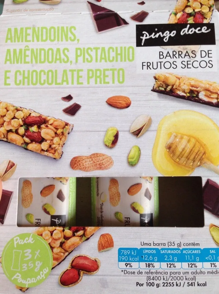 Barras de Frutos Secos Amendoins, Amêndoas, Pistachio e Chocolate Preto