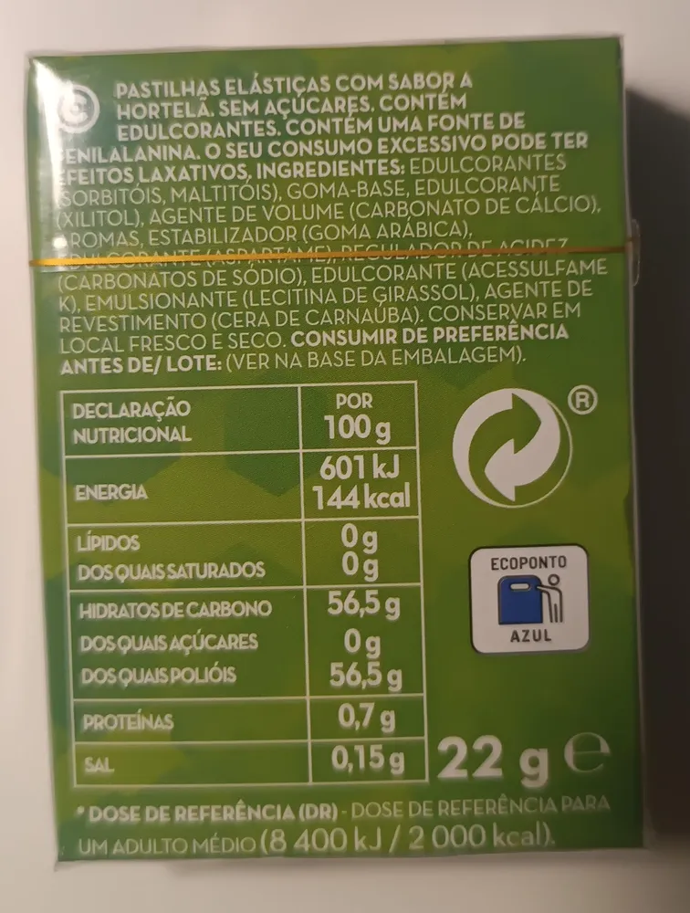 Pastilhas elásticas com sabor a hortelã sem açúcares