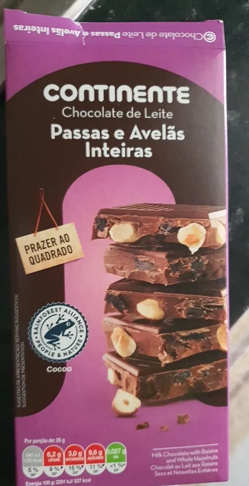 Chocolate de Leite Passas e Avelãs Inteiras
