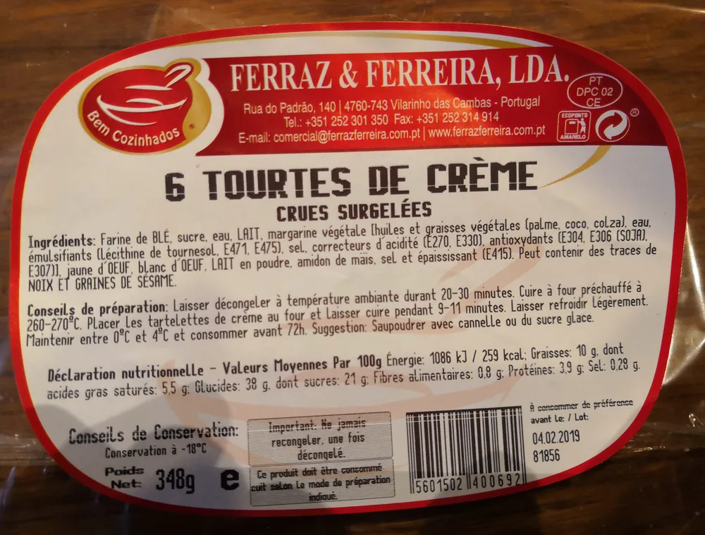 Tourtes de crème crues surgelées
