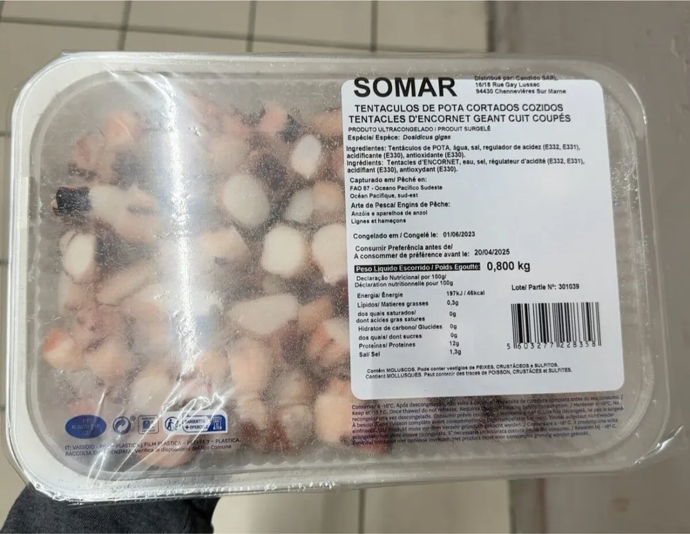 Tentacles d’encornet geant cuit coupé