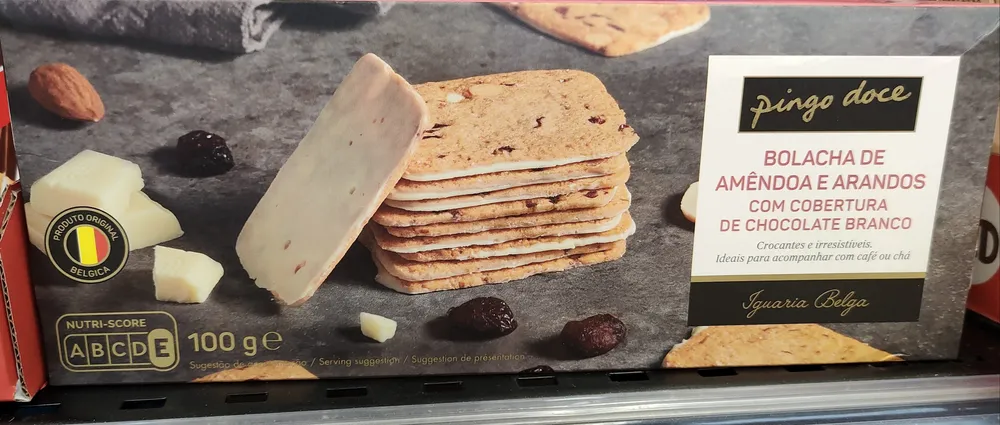 Bolacha de Amêndoa e Arandos com Cobertura de Chocolate Branco