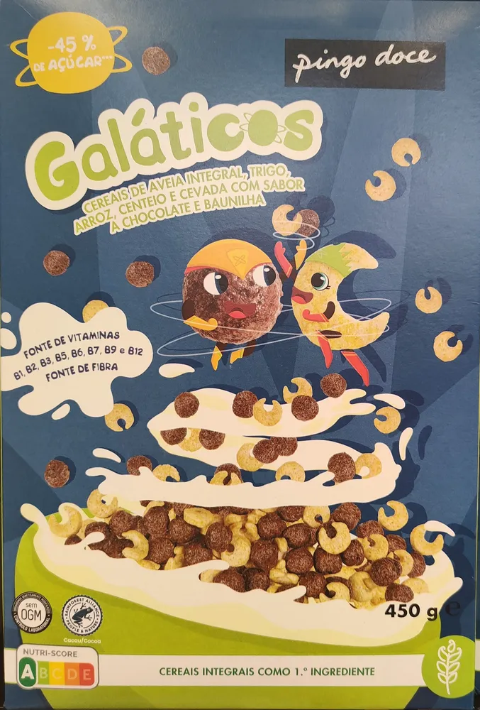 Galáticos Cereais de Aveia Integral, Trigo, Arroz, Centeio e Cevada com Sabor a Chocolate e Baunilha