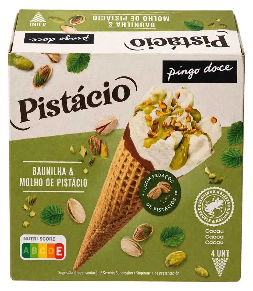 Gelado de Baunilha e Gelado de Pistácio com Molho de Pistácio em Cone de Biscoito