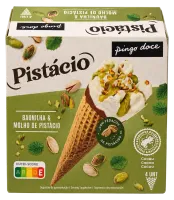 Gelado de Baunilha e Gelado de Pistácio com Molho de Pistácio em Cone de Biscoito