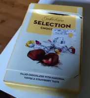 Filled chocolates with marzipan, toffee & strawberry