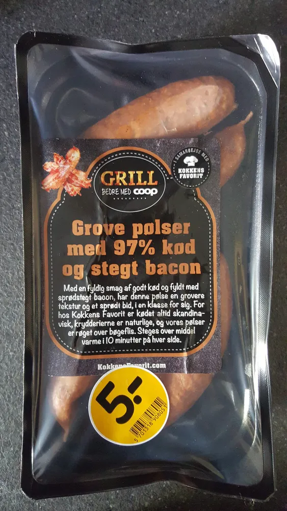 Grove pølser med 97% kød og stegt bacon