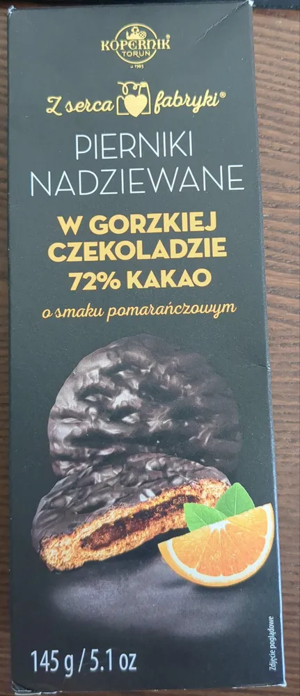 Pierniki nadziewane w gorzkiej czekoladzie 72% kakao o smaku pomarańczowym