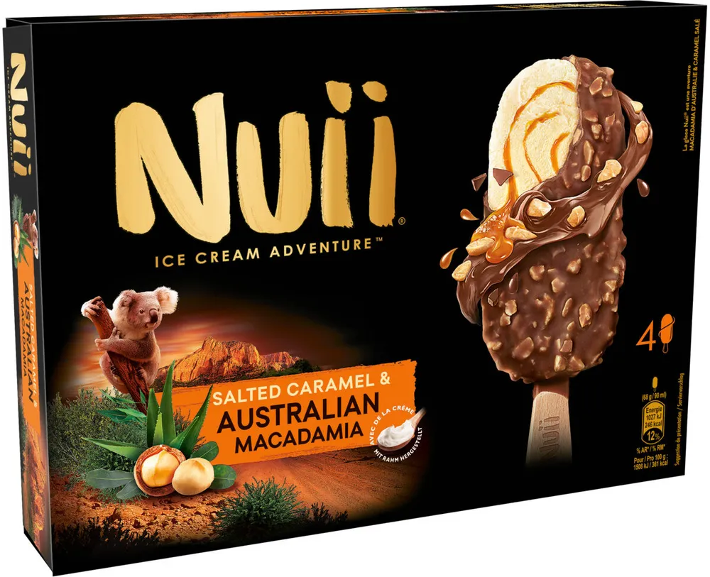 Glace vanille et sauce caramel salé & Noix macadamia d'Australie 4 x 90 ml (68 g) )