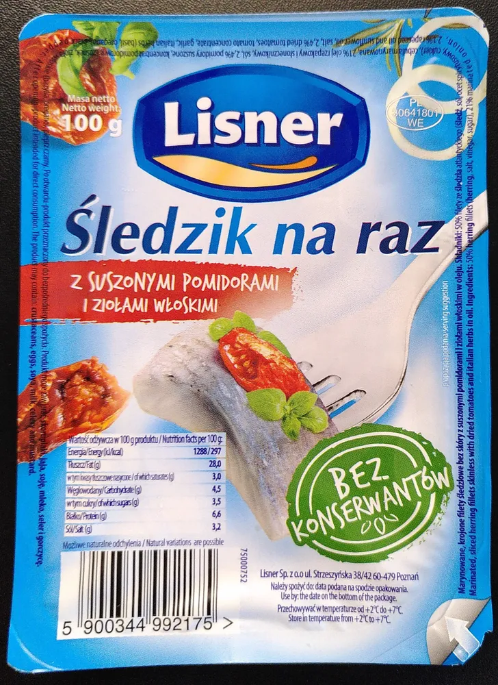 Śledzik na raz z suszonymi pomidorami i ziołami włoskimi