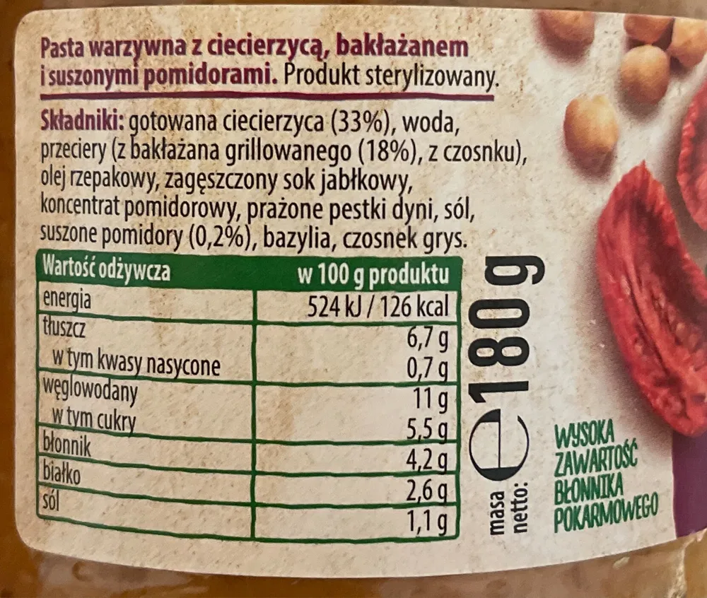 Pasta warzywna bakłażan & suszone pomidory