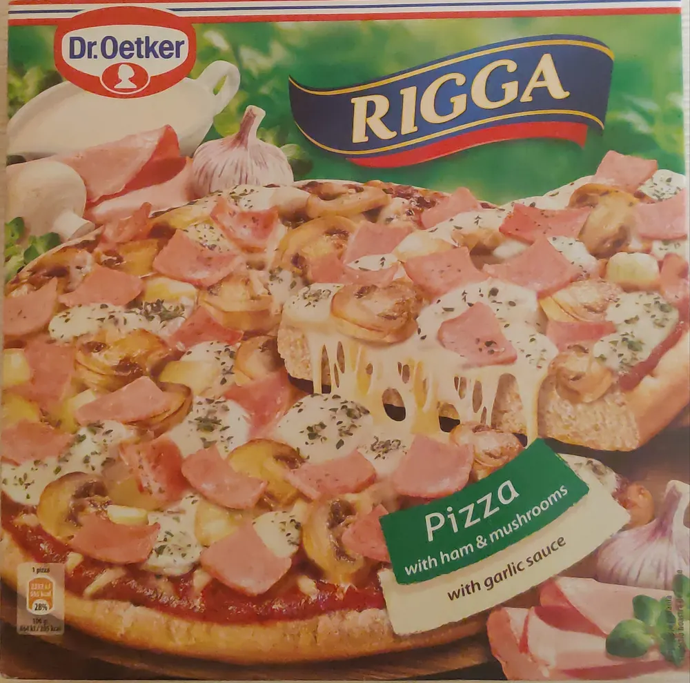 Pizza z szynką i pieczarkami z sosem czosnkowym, głęboko mrożona.