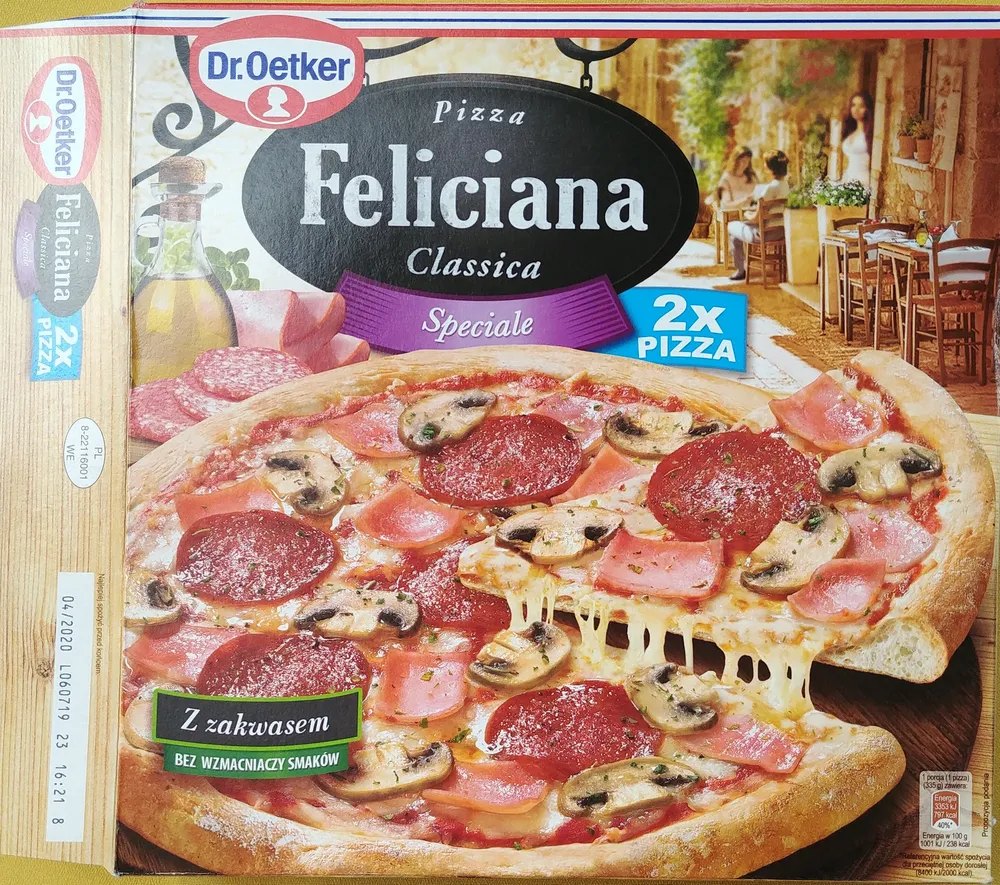 Pizza z szynką, pieczarkami i salami, głęboko mrożona.