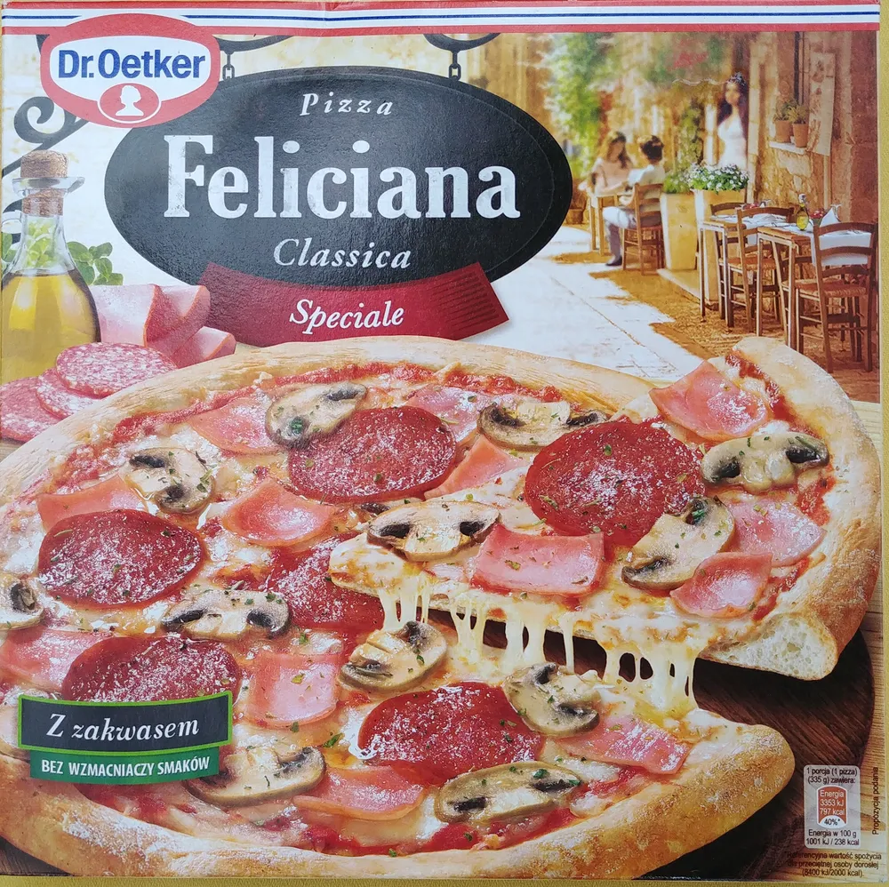 Pizza z szynką, pieczarkami i salami, głęboko mrożona.