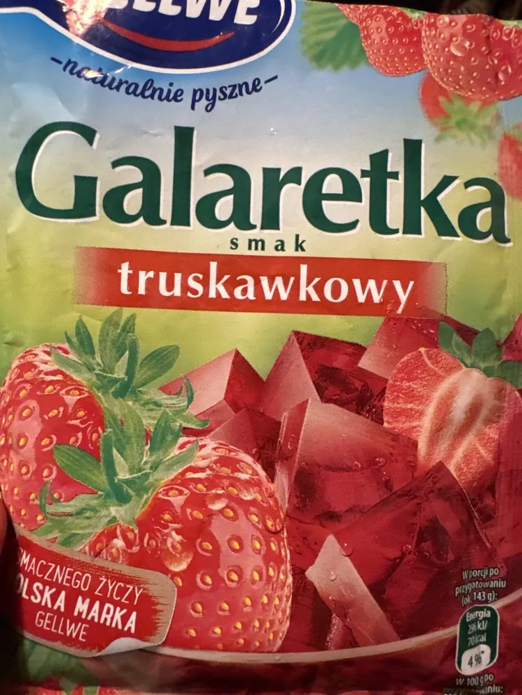 Galaretka o smaku truskawkowym w proszku.
