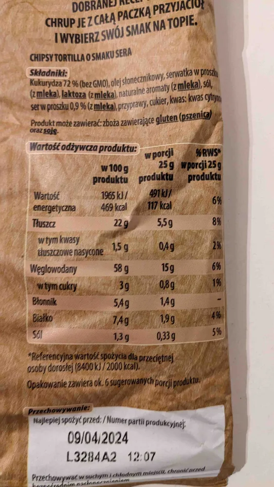 Tortilla Chipsy Kukurydzianej Smak Ser