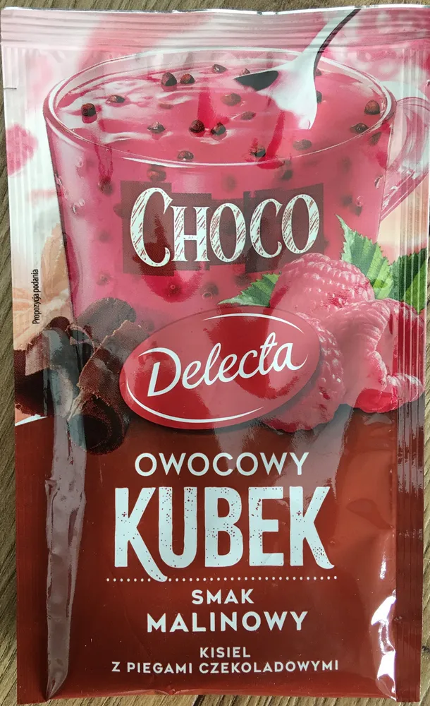 Owocowy kubek smak malinowy kisiel z płatkami czekoladowymi