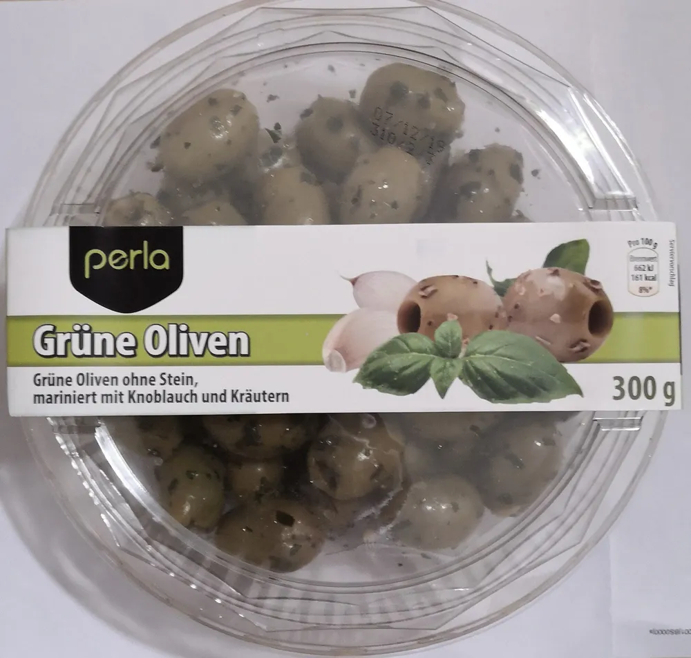 perla Grüne Oliven ohne Stein, mariniert mit Knoblauch und Kräutern