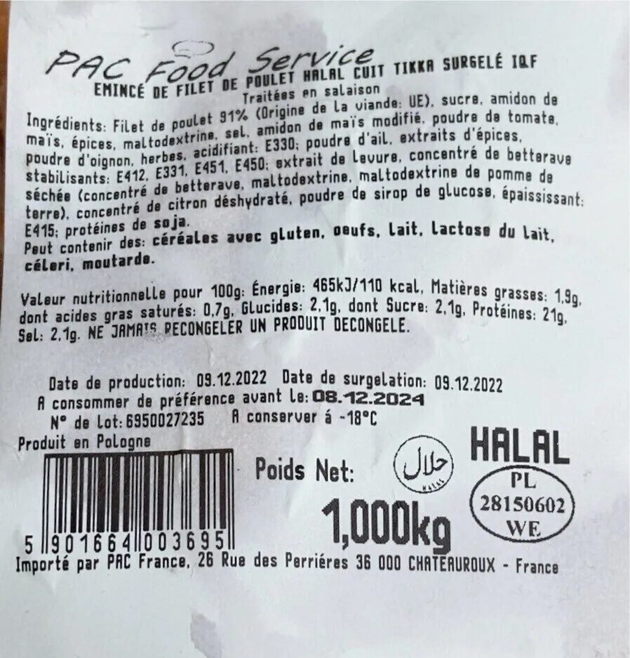 Emince de filet de poulet halal cuit tikka surgele