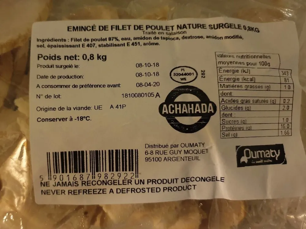 Émincé de filet de poulet nature surgelé