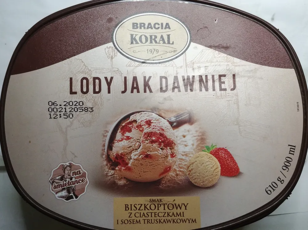 Lody Jak Dawniej Smak Biszkoptowy z Ciasteczkami i Sosem Truskawkowym
