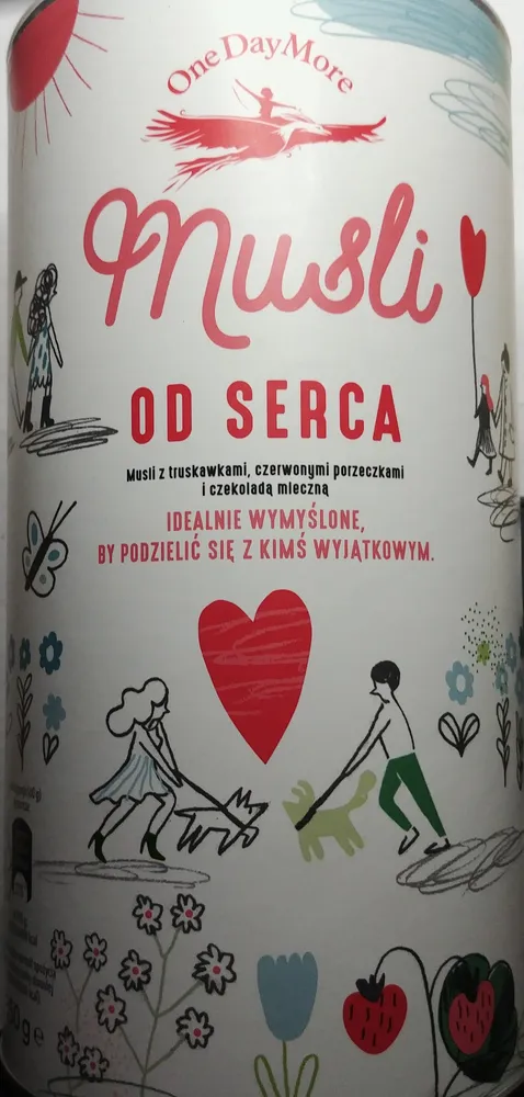 Musli z truskawkami, czerwonymi porzeczkami i czekoladą mleczna