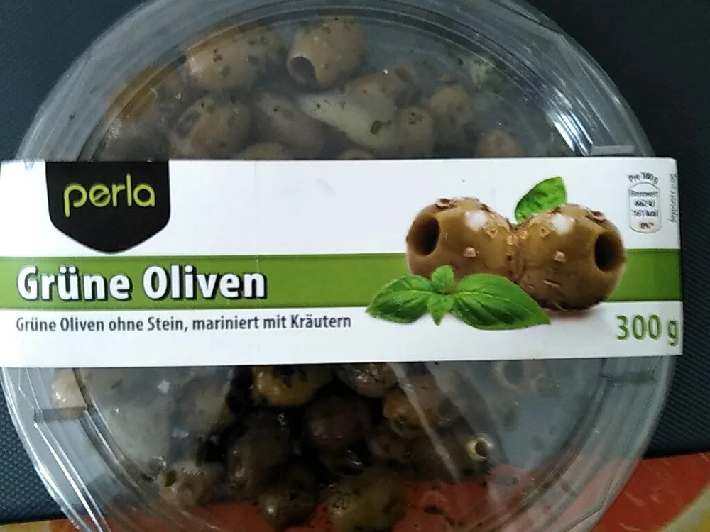 Oliven, grün mariniert mit Kräutern, ohne Stein