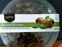 Oliven, grün mariniert mit Kräutern, ohne Stein