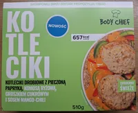 Kotleciki drobiowe z pieczoną papryką, komosa ryżowa, groszkiem cukrowym i sosem mango-chili
