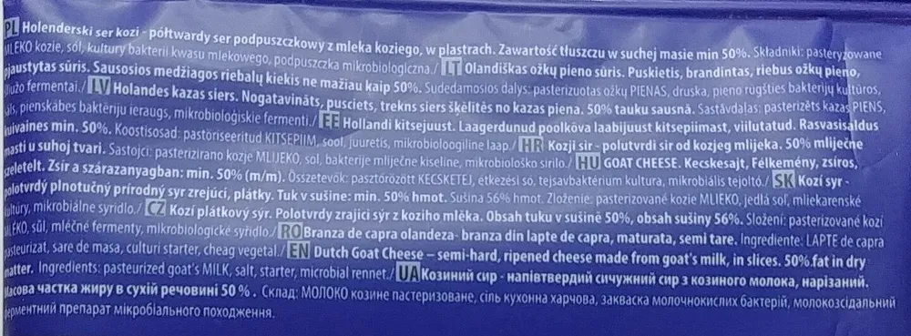 Holenderski ser kozi półtwardy ser podpuszczkowy z mleka koziego, w plastrach.